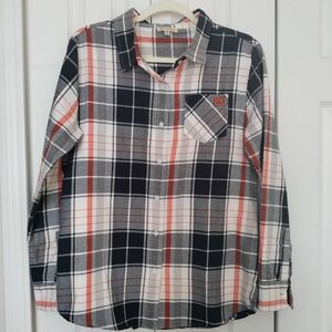 AUBURN Embroidered WOMEN'S Navy Orange Flannel Plaid Long Sleeve Size MEDIUM